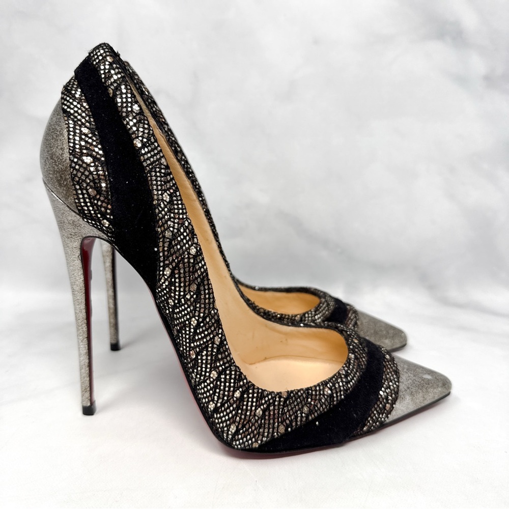 Christian Louboutin Eklectica Glitter Suede Pointed Toe Stiletto Heel Pumps 37